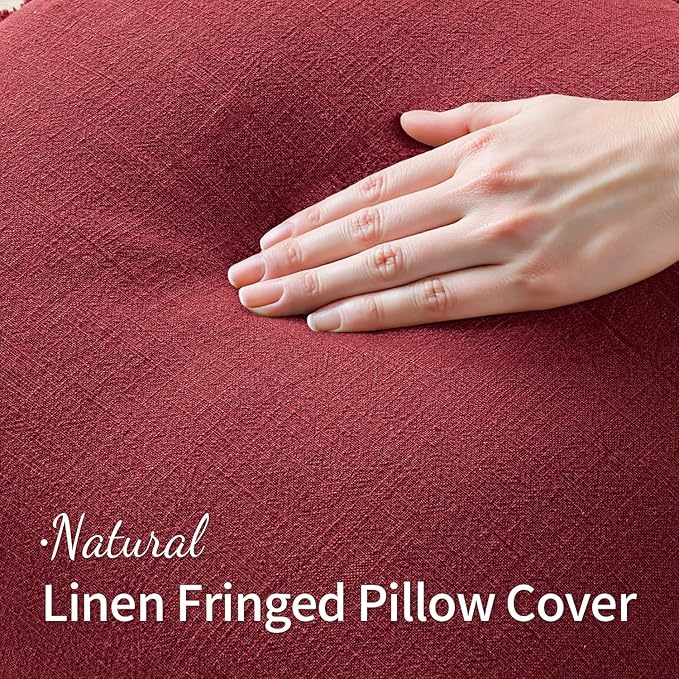 MIULEE Christmas Decorative Lumbar Throw Pillow Covers Neutral Linen Fringe Throw Pillows Set of 2 Burgundy Boho Farmhouse Cushion Covers for Couch Sofa Bed Living Room Spring Home Decor 12x20 Inch