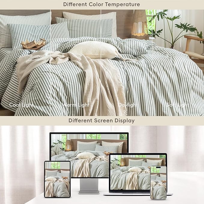 MooMee Striped Duvet Cover Set 100% Washed Cotton Linen Like Textured Breathable Durable Soft Comfy (Heathered Green Classic Stripes, Palatial King/Oversized King 120"x98")