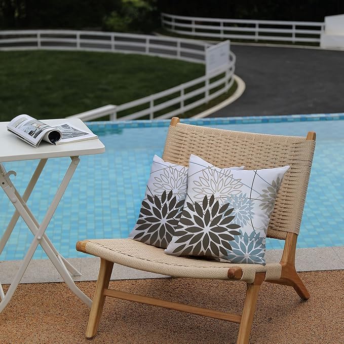 Brown Blue Flower Pillow Covers 18x18 Inch Set of 2 Summer Outdoor Waterproof Decor for Home Patio Funiture Garden Living Room Modern Art Floral Polyester Square Cushion Cover 01F18