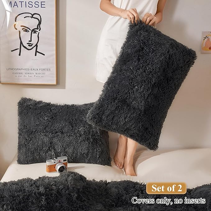 XeGe Faux Fur Throw Pillow Cases, Plush Shaggy Ultra Soft Pillow Covers, Fluffy Crystal Velvet Decorative Pillowcases, Furry Fuzzy Pillow Shams Zipper Closure, Set of 2(Standard, Dark Gray)