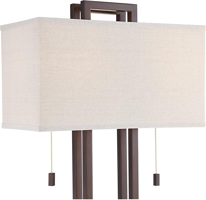 Possini Euro Design Modern Standing Floor Lamp 62" Tall Bronze Brown Openwork Frame 2-Light Oatmeal Linen Fabric Rectangular Shade Decor for Living Room Reading House Bedroom Home Office House