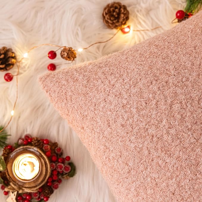 AQOTHES Pink Winter Throw Pillow Covers 18x18 Inch Set of 2, Boucle Faux Fur Pillow Covers,Cozy Fluffy Home Living Room Farmhouse Decor for Sofa Couch Bed
