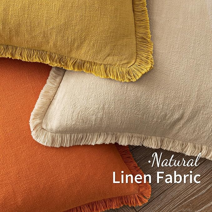 MIULEE Fall Decorative Throw Pillow Covers Neutral Linen Fringe Throw Pillows Set of 2 Orange Boho Farmhouse Cushion Covers with Tassels for Couch Sofa Bed Living Room Spring Home Decor 20x20 Inch