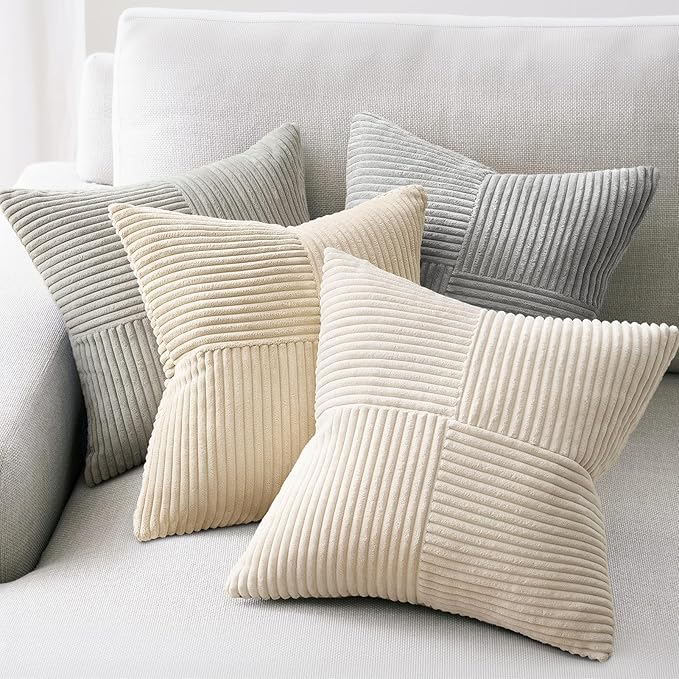Topfinel Decorative Neutral Throw Pillow Covers for Couch,Boho Cozy Soft Cushion Covers Set of 4 with Corduroy,Accent Pillowcases for Sofa,Bed,Living Room Home Decor 20×20 Inch (Cream,White)