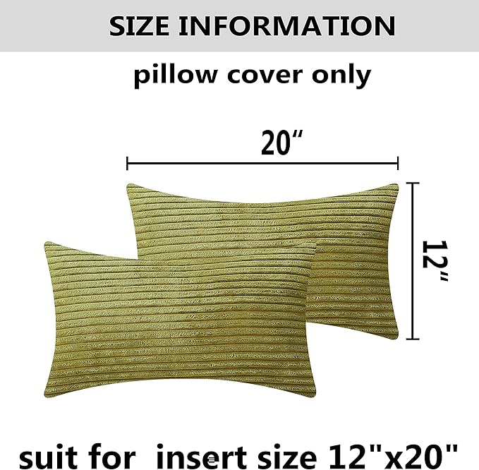 Home Brilliant Green Throw Pillow Covers 12x20 Striped Corduroy Solid Set of 2 Spring Decoration Oblong Pillowcases for Sofa Couch Living Room Decor, 12 x 20 inch, Grass Green