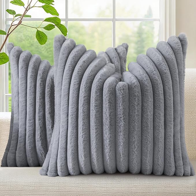 decorUhome Faux Fur Throw Pillow Covers 26x26 Set of 2, Decorative Soft Plush Striped Neutral Couch Euro Pillow Covers with Velvet Back for Sofa, Bed, Living Room Home Decor, Grey