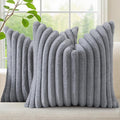 decorUhome Faux Fur Throw Pillow Covers 18x18 Set of 2, Decorative Soft Plush Striped Neutral Couch Euro Pillow Covers with Velvet Back for Sofa, Bed, Living Room Home Decor, Grey