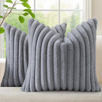 decorUhome Faux Fur Throw Pillow Covers 22x22 Set of 2, Decorative Soft Plush Striped Neutral Couch Euro Pillow Covers with Velvet Back for Sofa, Bed, Living Room Home Decor, Grey