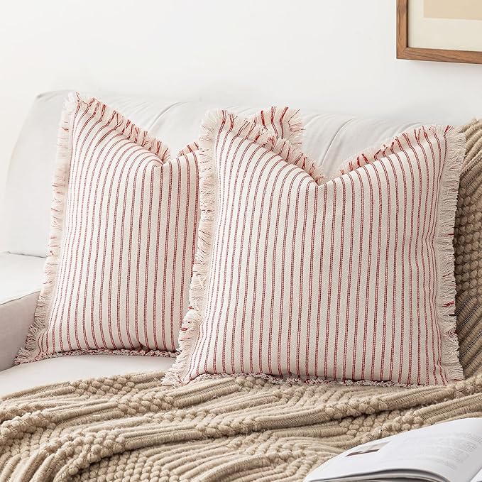 Throw Pillow Covers 18x18 Set of 2 Striped Fringe Pillow Cover Farmhouse Cushion Covers with Tassel Neutral Boho Pillows Decorative Square Pillowcase for Couch Sofa Bed, Red