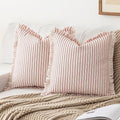 Throw Pillow Covers 24x24 Set of 2 Striped Fringe Pillow Cover Farmhouse Cushion Covers with Tassel Neutral Boho Pillows Decorative Square Pillowcase for Couch Sofa Bed, Red