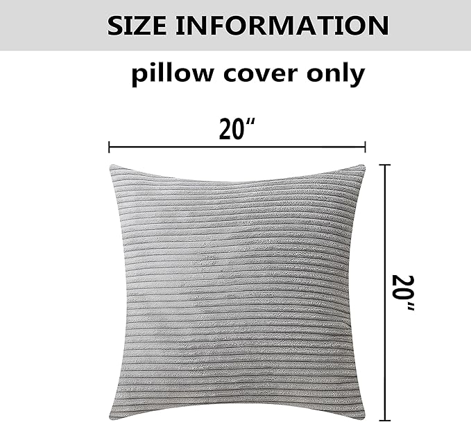Home Brilliant 2 Packs Decor Soft Decorative Striped Corduroy Velvet Square Throw Pillow Sofa Cushion Covers for Couch, 50cm, 20 x 20 Inch, Light Grey