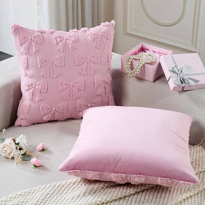 Pink Christmas Pillow Covers 18x18 Set of 2 Valentine Coquette Room Decor Cute Faux Fur Soft Aesthetic Bowknot Plush Preppy Fluffy Decorative Throw Cushion Case for Sofa Couch Bed Chair Living Room