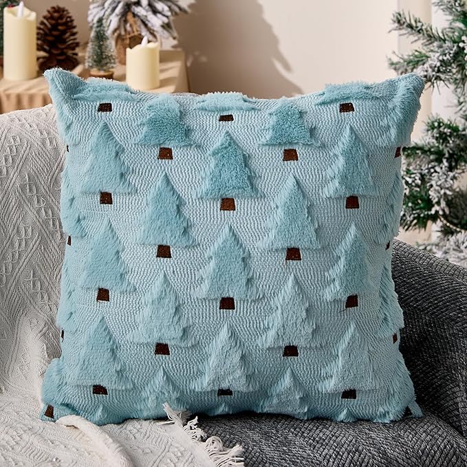 Christmas Pillow Covers 20x20 inch Set of 2 Blue Christmas Decorations Soft Plush Faux Fur Wool Xmas Tree Throw Pillow Cases Winter Holiday Decor for Sofa Living Room PT002F20