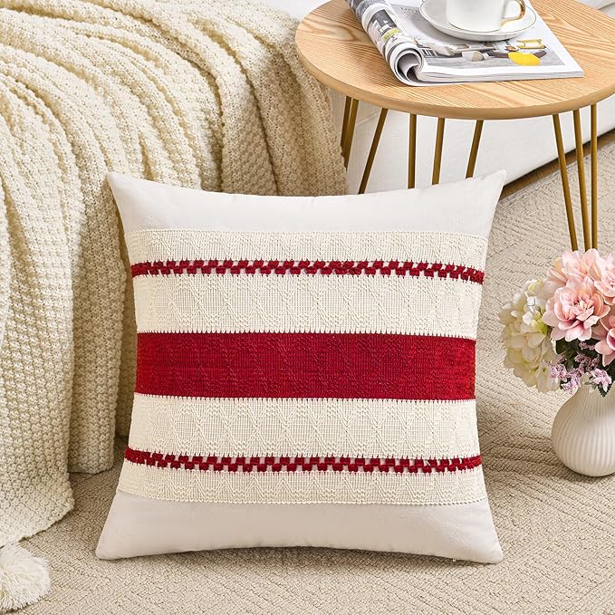 Fancy Homi Set of 2 Boho Red Decorative Throw Pillow Cover 16x16 Inch for Couch Bed Sofa, Aesthetic Modern Organic Farmhouse Home Decor, Soft Cotton Cute Accent Macrame Woven Cushion Case
