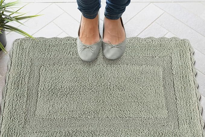Savi Home Cotton Crochet Bathmat with Antiskid 17x24 Sage Green, 100% Pure Cotton, Super Soft Bath Rug, Plush & Absorbent, Hand Tufted Heavy Weight Construction, Full Reversible Step Out Rugs