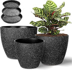 Vanavazon Plant Pots 9/8/7 Inch Set of 3 Flower Pots Indoor Outdoor Plastic Planters with Drainage Hole and Tray (Speckled Black)