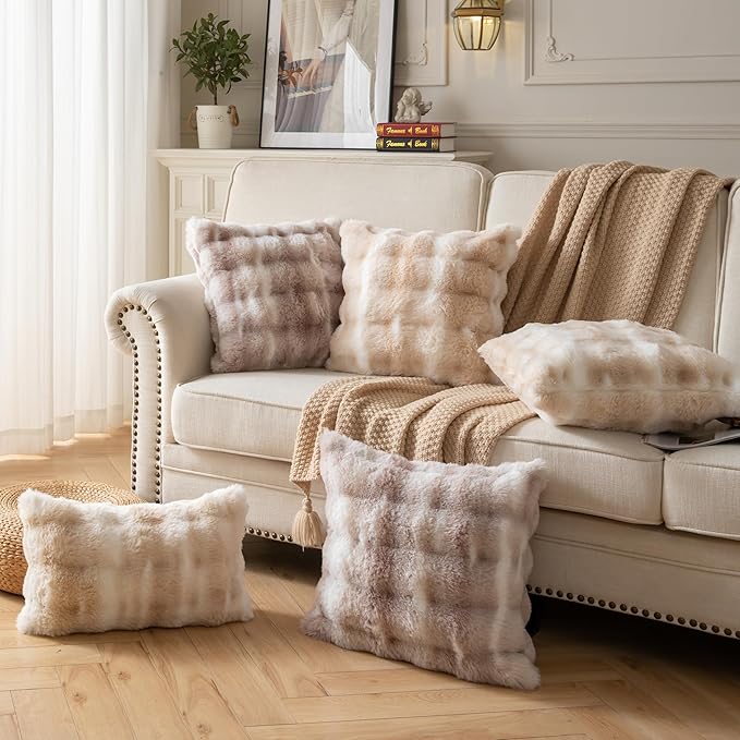 Pack of 2 Thick Plush Throw Pillow Covers Fluffy Wave Faux Fur Decorative Cushion Covers Soft Wool Pillowcase for Sofa Couch Livingroom 16x16 Inch White Beige