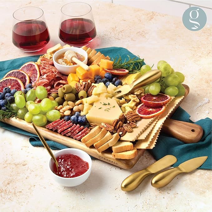 Charcuterie Board - Acacia Wood Cutting Board for Kitchen with Handle, Cheese Board for Vegetables, Bread, Fruits, Meat - Decorative Wooden Serving Tray House Warming Gift
