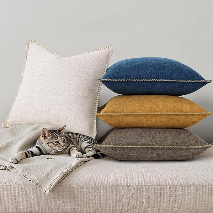 decorUhome Decorative Outdoor Throw Pillow Covers 24x24 Set of 2, Square Linen Rustic Neutral Farmhouse Euro Pillow Covers with Stitched Edge for Couch, Sofa, Living Room, Bronze Gold