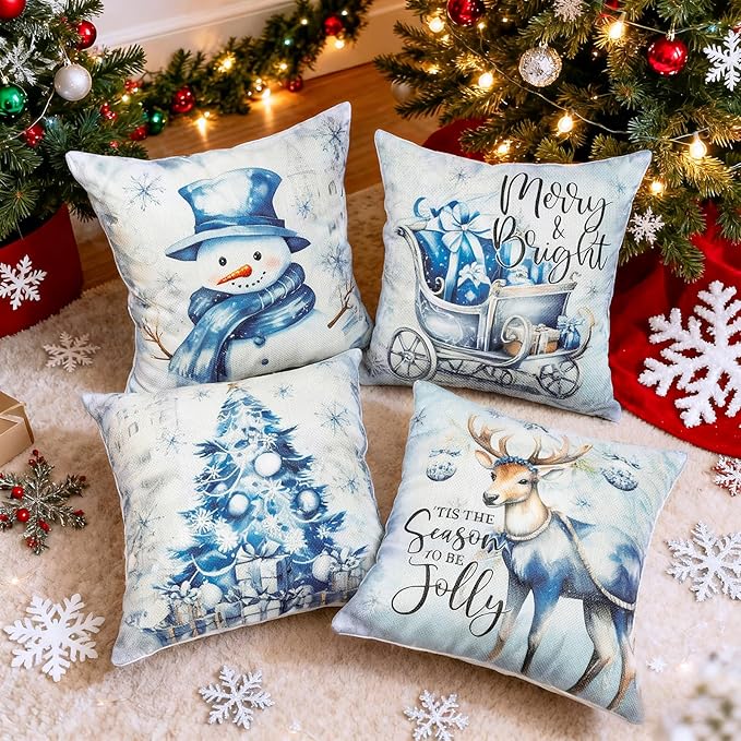 Christmas Throw Pillow Covers 20x20 Set of 4,Merry Christmas Tree Reindeer Sleigh Snowman Blue and White Xmas Winter Holiday Decorative Pillowcase Farmhouse Home Decor for Sofa Couch Cushion