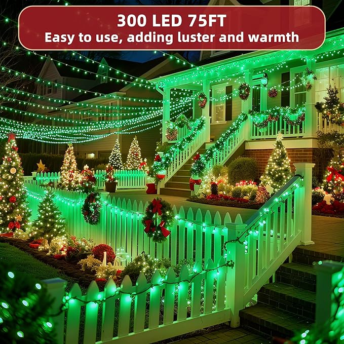 300LED 75FT Christmas Lights Indoor, LED Christmas Tree Decoration Lights with 12 Modes & Timer Memory, Dimmable Plug in Waterproof LED Xmas Light for Yard Trees Wedding Party Holiday Green