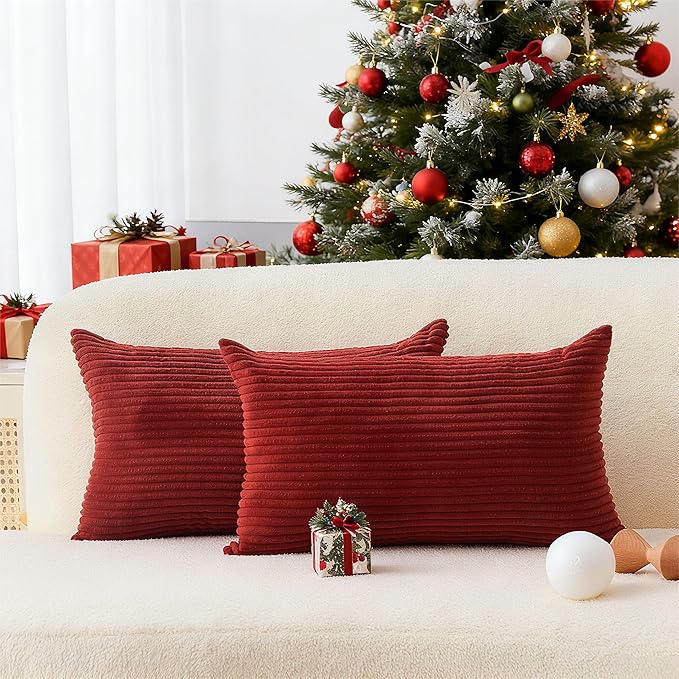 Home Brilliant Lumbar Throw Pillow Covers 12x20 inch 2 Pack Solid Striped Corduroy Dark Red Rectangle Pillow Cover for Sofa Couch Wedding Christmas Decorations, 12 x 20 inch, Burgundy