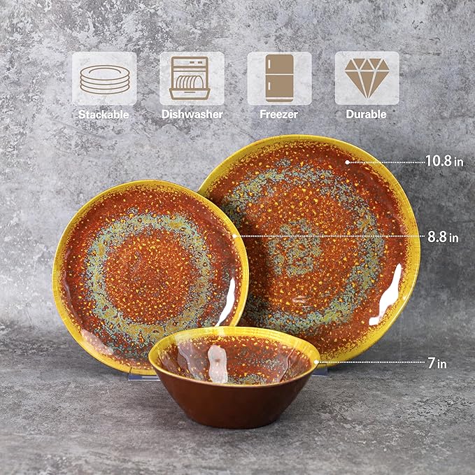 FINE&NICE Melamine Dinnerware Set of 12Pcs, Dish Set for 4, Lightweight Unbreakable Plate and Bowl Set for Patio, RV and Camping, Dishwasher Safe,Rusty Brown