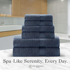 Premium Staple Cotton Bathroom Towel Set - Navy 600 GSM 6-Piece Luxury Bath Towel Set 1 Stripe - 2 Bath Towels, 2 Hand Towels & 2 Washclothes Set - High Absorbent & Quick Dry for Gym, Spa, Hotel