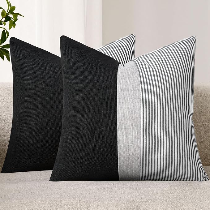 Adabana Stripe Pillow Covers 18x18 Set of 2 Square Patchwork Linen Decorative Lumbar Throw Pillow Covers Modern Farmhouse Decor Pollowcases for Couch Sofa Bedroom,Black Stripe