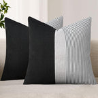 Adabana Stripe Pillow Covers 18x18 Set of 2 Square Patchwork Linen Decorative Lumbar Throw Pillow Covers Modern Farmhouse Decor Pollowcases for Couch Sofa Bedroom,Black Stripe