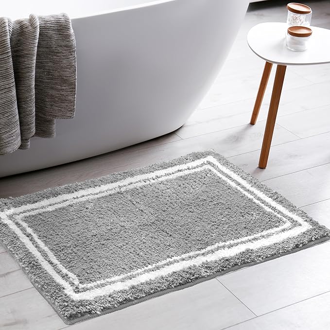 Tititex Luxury Grey White Frame Line Bathroom Rug, 16x24 inch Extra Soft and Absorbent Microfiber Bath Rugs, Non-Slip Plush Shaggy Bath Carpet, Bath Mats for Bathroom Floor, Tub and Shower