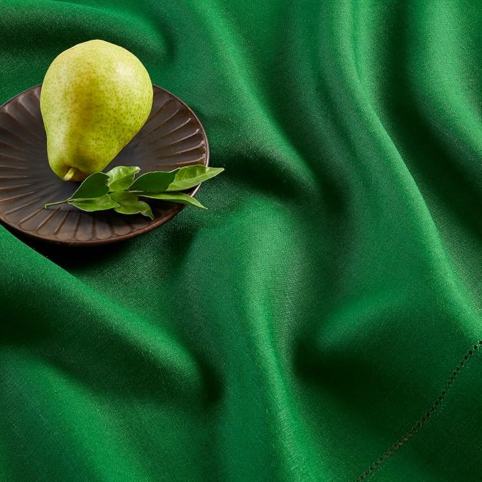 Solino Home Linen Table Runner 48 Inches - 100% Pure Linen Garden Green Hemstitch Table Runner 14 x 48 Inch Ideal for Dresser and Coffee Tables - Classic Hemstitch - Christmas