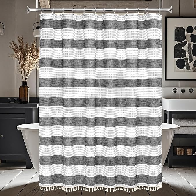 Boho Farmhouse Heavyweight Shower Curtain with Tassels, 350GSM Cotton Linen Fabric Shower Curtain for Rustic Bathroom, 72 x 72 Inch Vintage Black and White Striped Bath Curtain Water-Repellent