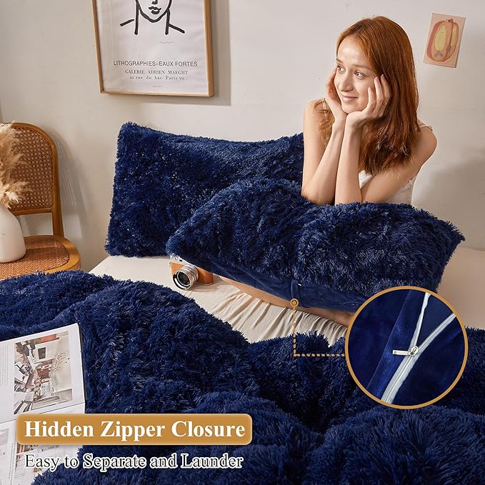 XeGe Faux Fur Throw Pillow Covers, Shaggy Fluffy Cushion Covers, Plush Furry Pillow Cases, Fuzzy Decorative Pillow Shams with Zipper Set of 2 for Sofa Bed Couch Living Room (18''x18'', Navy Blue)