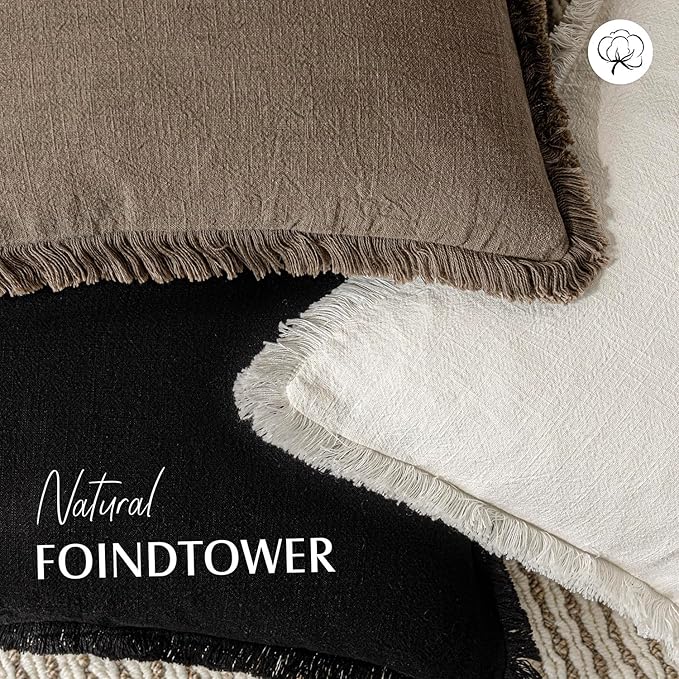 Foindtower Set of 2 Decorative Linen Fringe Throw Pillow Covers Cozy Boho Farmhouse Cushion Cover with Tassels Soft Accent Pillowcase for Couch Sofa Bed Living Room Home Decor, 24×24 Inch, Light Brown
