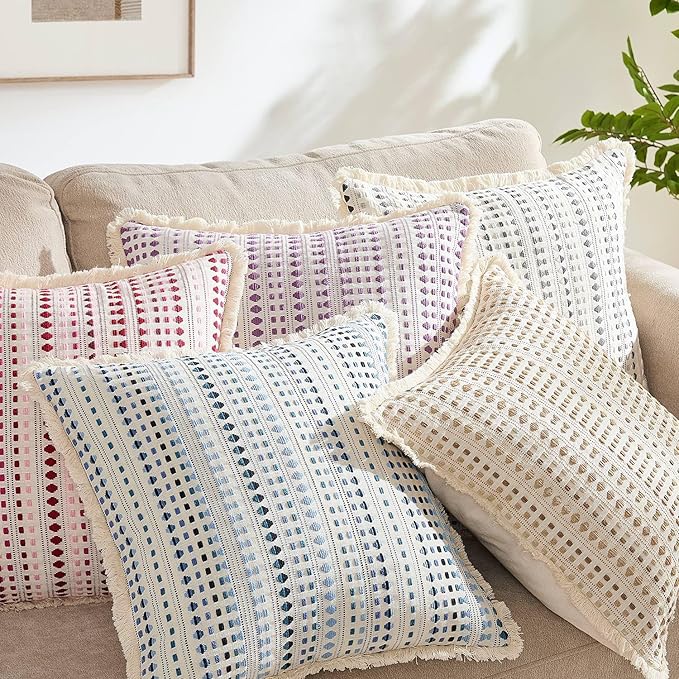 Decorative Pillow Covers Set of 2, Boho Farmhouse Couch Throw Pillows with Tassels, Textured Small Dot Pattern Cushion Cases for Sofa Living Room Home Decor (Purple, 18" x 18" (Pack of 2))