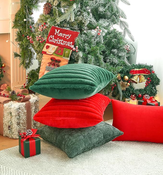 Pack of 2 Christmas Red Pillow Covers 20x20 Inch Decorative Faux Fur Throw Pillow Cover, Soft Lumbar Plush Pillowcases for Couch Sofa Bed Living Room, Fluffy Cute Home Boho Accent Decor