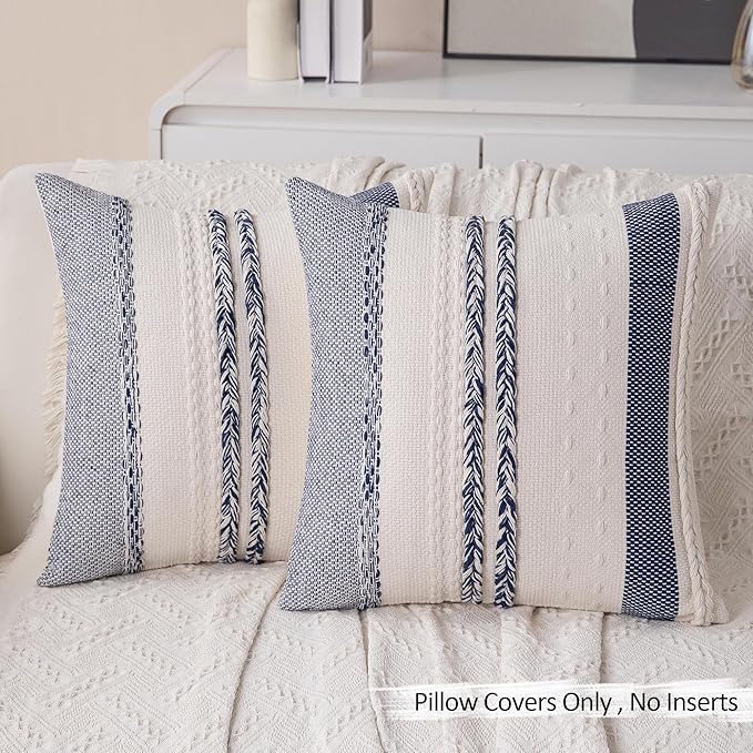 Decorative Boho Navy Blue Striped Pillow Covers Set of 2-18x18 Inch Farmhouse Accent Boho Throw Pillows Neutral Coastal Textured Square Pillowcase for Couch Living Room Bed Sofa, Home Decor