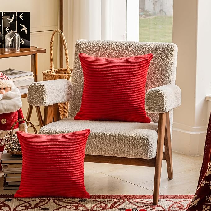 Home Brilliant 22x22 Pillow Covers Set of 2 Decorative Throw Pillows for Couch Striped Velvet Floor Pillows for Wedding Christmas Decor, 55x55cm, 22 x 22 Inch, Red