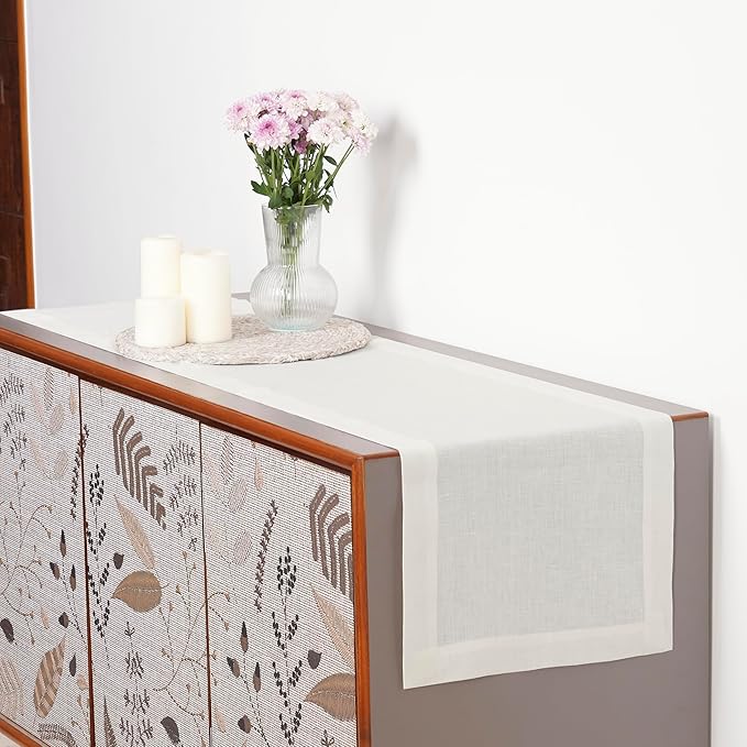D'Moksha Homes Linen Ivory Table Runner 90 Inches Long - 100% Pure Linen 14 x 90 Inch Table Runner for Dining, Fall, Autumn and Halloween - Machine Washable
