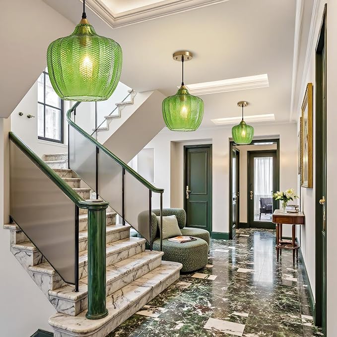 Modern Gold Pendant Light, Green Glass Farmhouse Kitchen Island Pendant Light Fixture Adjustable Vintage Hanging Ceiling Light for Dining Room Corridor Bedroom 9.45 inch