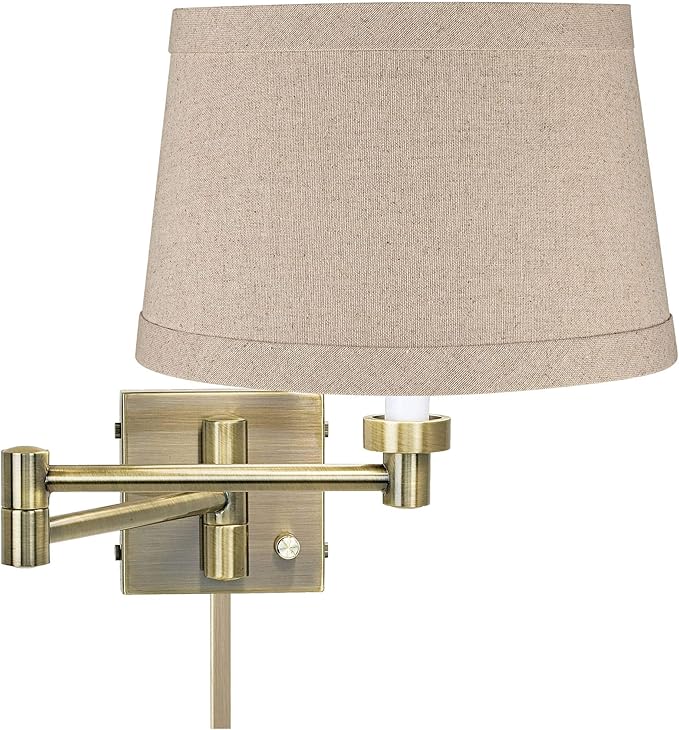Barnes and Ivy Modern Indoor Swing Arm Wall Lamp with Cord Cover Antique Brass Plug-in Light Fixture Natural Linen Drum Shade for Bedroom Bedside House Reading Living Room Home Hallway Dining