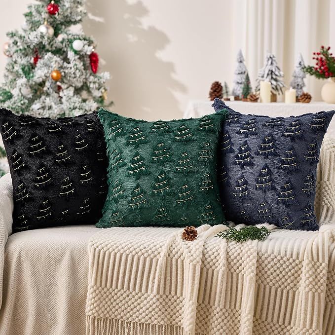 Christmas Pillow Covers 18x18 inch Set of 2 Soft Plush Christmas Decor Navy Blue Xmax Tree Yellow Colored Lights Decoration Throw Pillow Case for Winter Holiday Sofa Living Room PT003H18