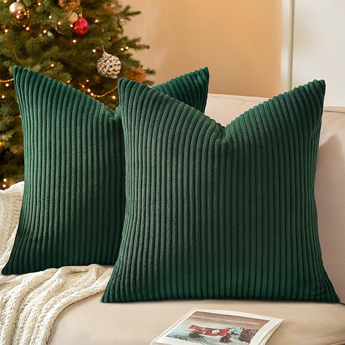 Mecatny Christmas Decorative Corduroy Throw Pillow Covers 26x26 Set of 2 for Sofa Living Room, Soft Neutral Boho Couch Pillow Covers for Home Decor, Christmas Green