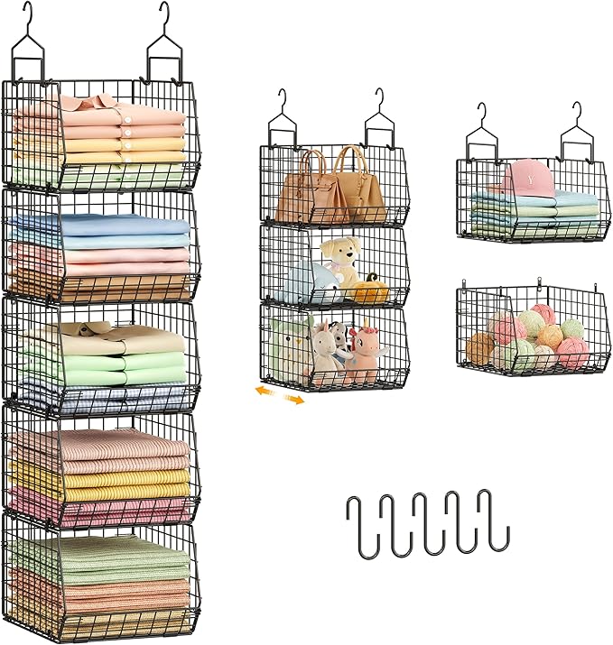 Capacity Upgrade Edition Deeper 4'' 5 Tier Foldable Hanging Closet Organizer and Storage，Wire Cabinet Shelves and Rack with 5 S Hooks,Stackable Metal Basket Bins for Clothes Shoe Purse,Black