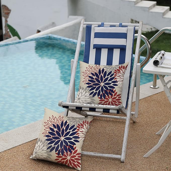 DFXSZ 4th of July Pillow Covers 20x20 Inch Set of 2 Patriotic Blue Red Floral Outdoor Waterproof Decorative Throw Pillows Polyester Pillow Covers Decor for Patio Funiture Garden Couch 002H20