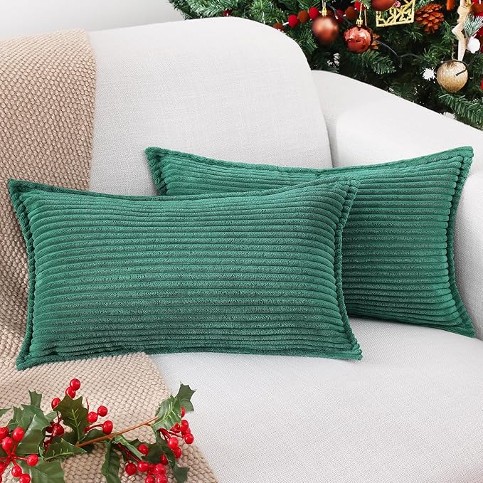 Mecatny Christmas Corduroy Throw Pillow Covers 12x20 Set of 2, Neutral Decorative Soft Boho Lumbar Couch Pillow Covers with Broadside for Sofa Living Room, Green