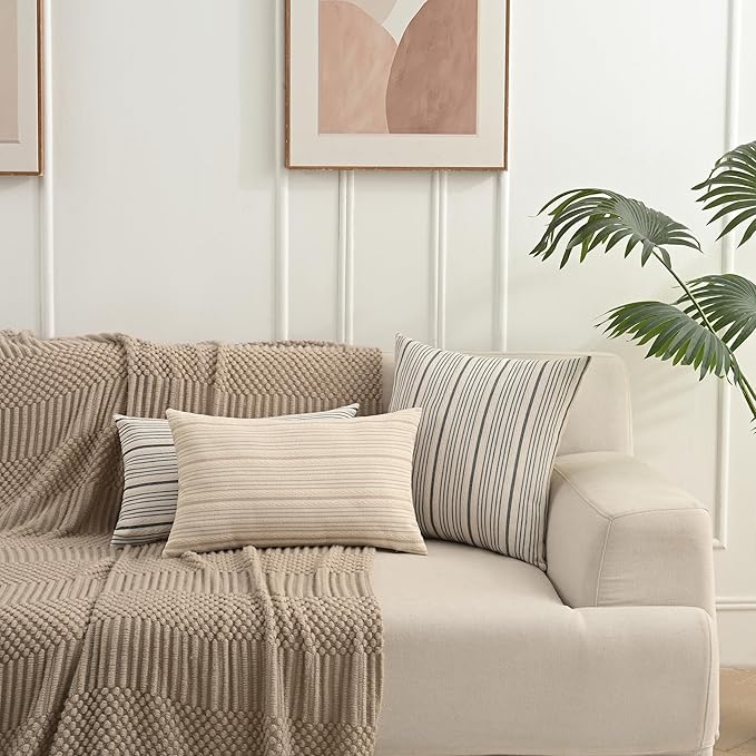 Tan Pillow Covers Farmhouse Linen Throw Pillow Covers Striped Outdoor Decorative Square Throw Pillows for Couch Sofa Bed 12x20 in Pack of 2 Cream and Beige