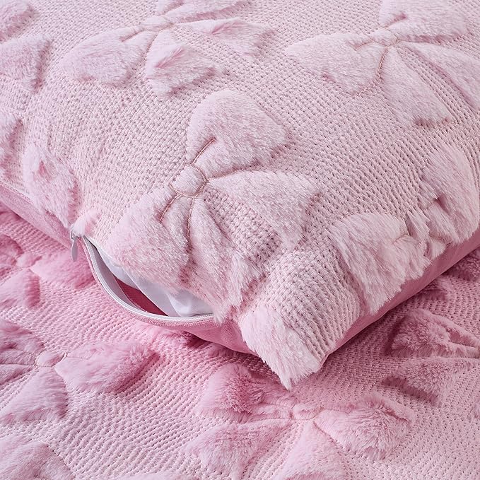 Light Pink Christmas Pillow Covers 18x18 Set of 2 Valentine Coquette Room Decor Faux Fur Bow Soft Aesthetic Plush Preppy Fluffy Decorative Throw Cushion Case for Sofa Couch Bed Chair Living Room