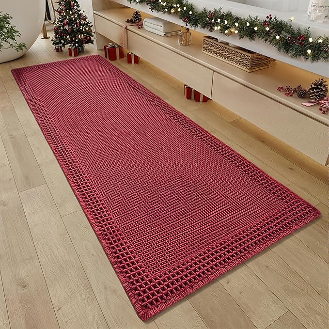 RESARE Waffle Bathroom Runner Rugs, Super Absorbent Bath Mat Non Slip Washable Quick Dry, Upgraded Ultra Soft Boho Bath Rugs with Tassels for Hallway Bedroom Laundry Room, 2'x6'(24"x72"), Red